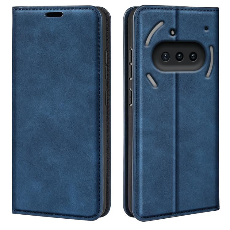 Magnetic suction leather phone case, dark blue with camera window and raised frame