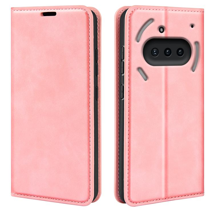 Magnetic suction leather phone case, pink with camera window and raised frame