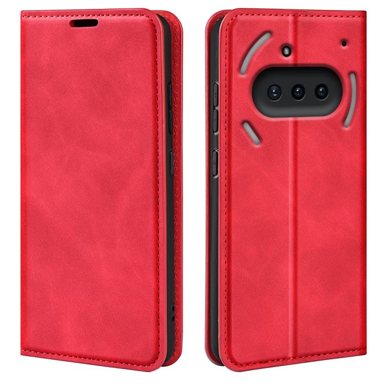 Magnetic suction leather phone case, red with camera window and raised frame