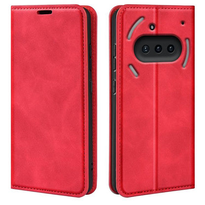 Magnetic suction leather phone case, red with camera window and raised frame