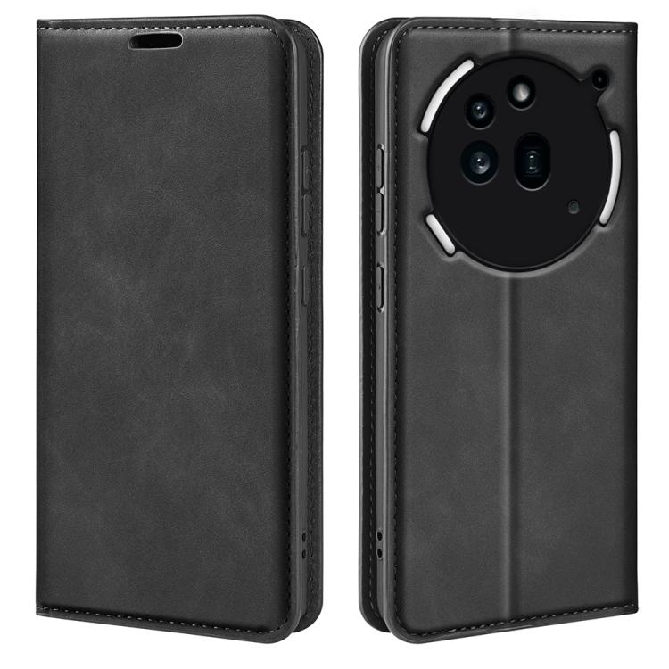 Magnetic suction leather phone case, black; front cover closed and back camera cutout view