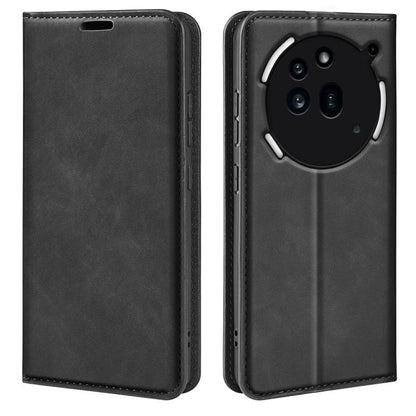 Magnetic suction leather phone case, black; front cover closed and back camera cutout view