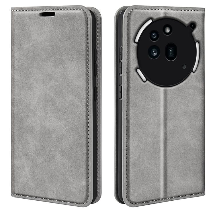 Magnetic suction leather phone case, grey; front cover closed and back camera cutout view