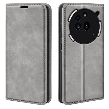 Magnetic suction leather phone case, grey; front cover closed and back camera cutout view