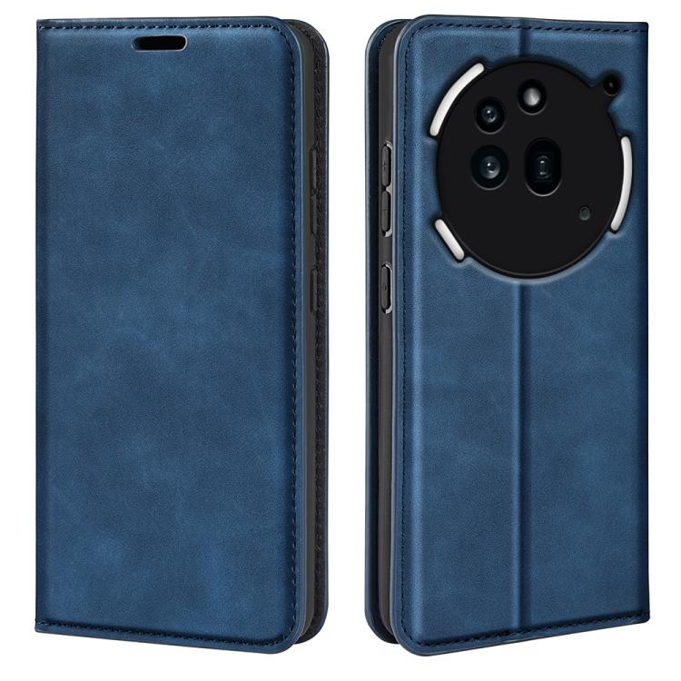 Magnetic suction leather phone case, dark blue; front cover closed and back camera cutout view