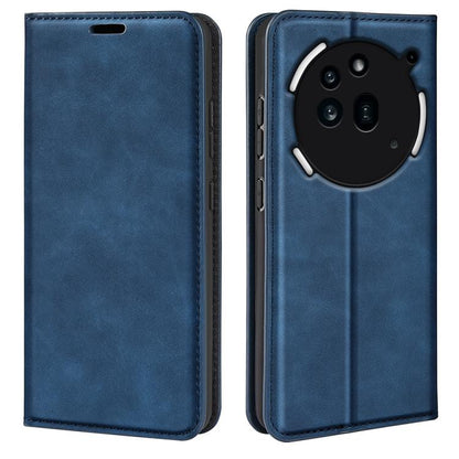 Magnetic suction leather phone case, dark blue; front cover closed and back camera cutout view