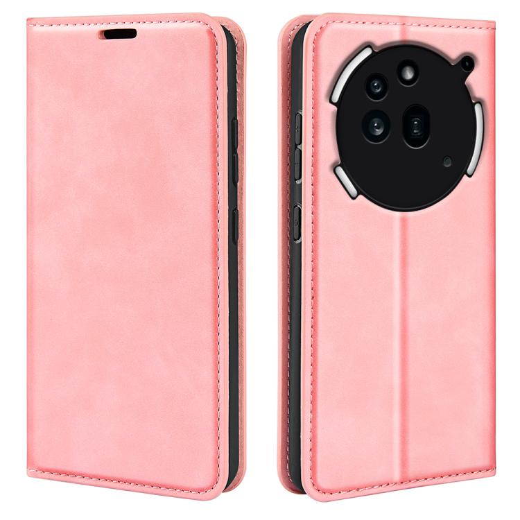 Magnetic suction leather phone case, pink; front cover closed and back camera cutout view