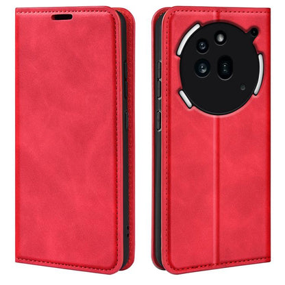 Magnetic suction leather phone case, red; front cover closed and back camera cutout view