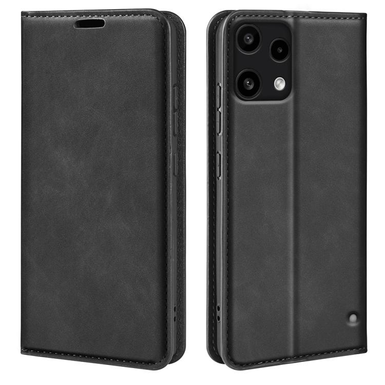 Magnetic suction leather phone case, black flip cover with top cutout