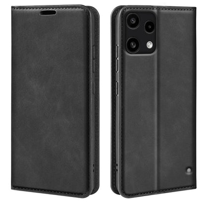 Magnetic suction leather phone case, black flip cover with top cutout
