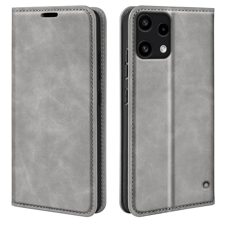 Magnetic suction leather phone case, grey flip cover with top cutout