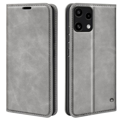 Magnetic suction leather phone case, grey flip cover with top cutout