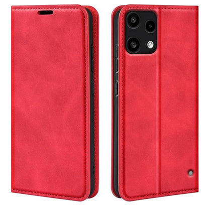 Magnetic suction leather phone case, red flip cover with top cutout