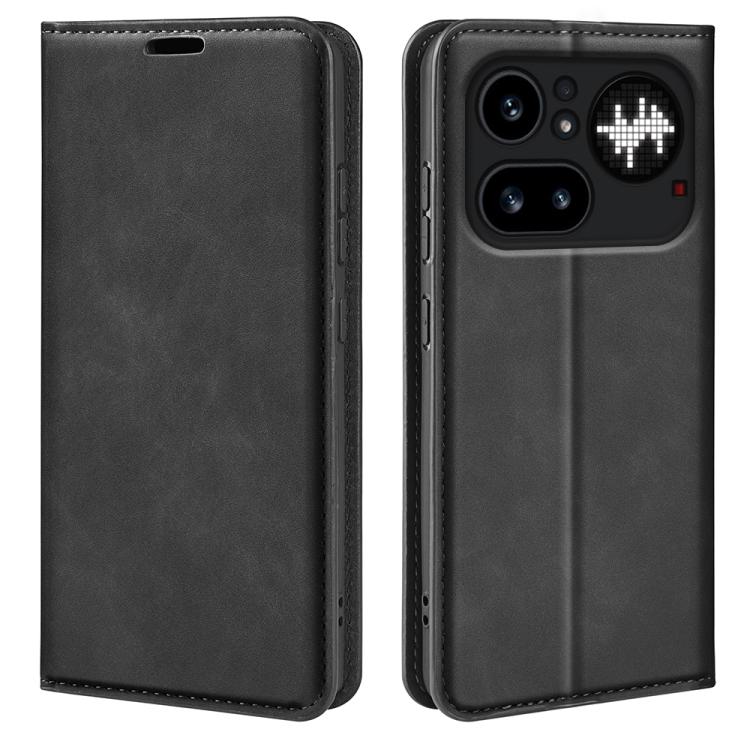 Black flip phone case in leather with stitched edges and front camera cutout