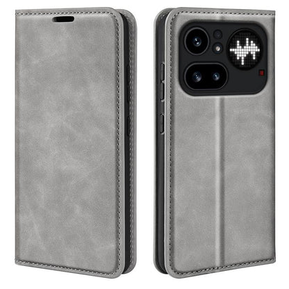 Grey flip phone case in leather with stitched edges and front camera cutout
