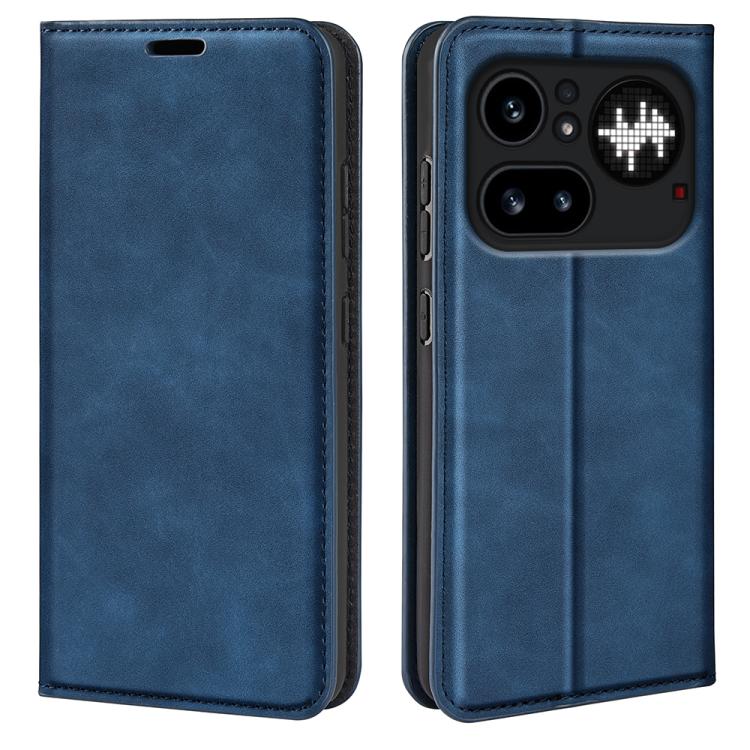 Dark blue flip phone case in leather with stitched edges and front camera cutout
