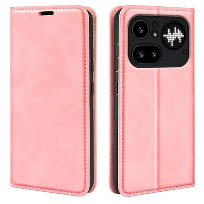 Pink flip phone case in leather with stitched edges and front camera cutout