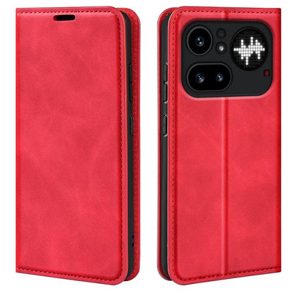Red flip phone case in leather with stitched edges and front camera cutout