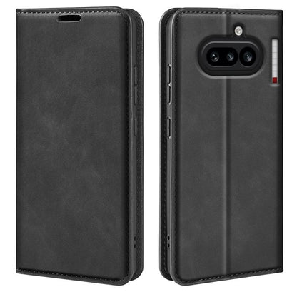 Black leather flip phone case with stitched trim and rear camera cutouts