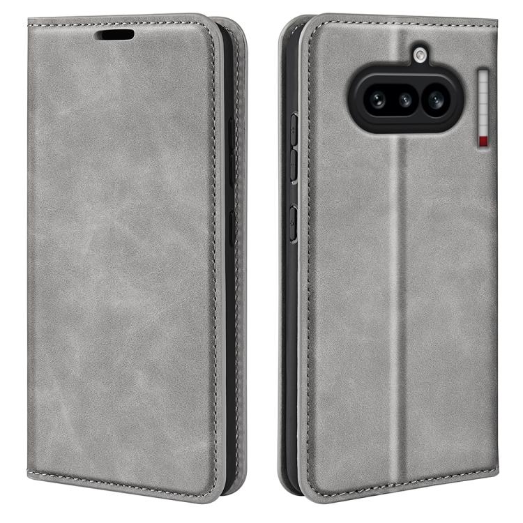 Grey leather flip phone case with stitched trim and rear camera cutouts