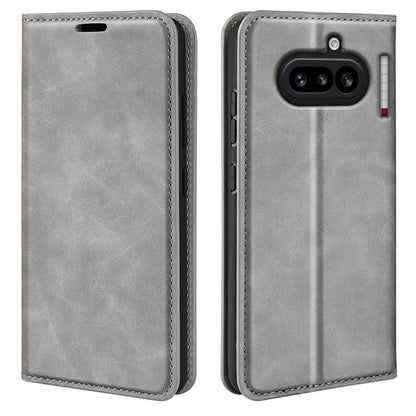 Grey leather flip phone case with stitched trim and rear camera cutouts