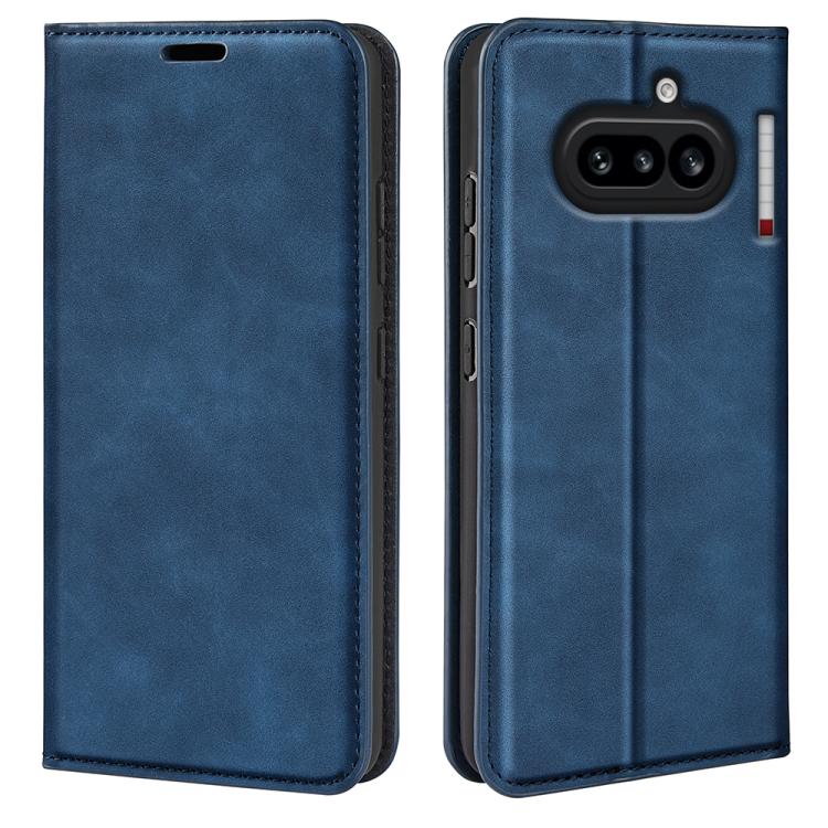 Dark blue leather flip phone case with stitched trim and rear camera cutouts