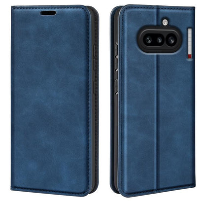 Dark blue leather flip phone case with stitched trim and rear camera cutouts