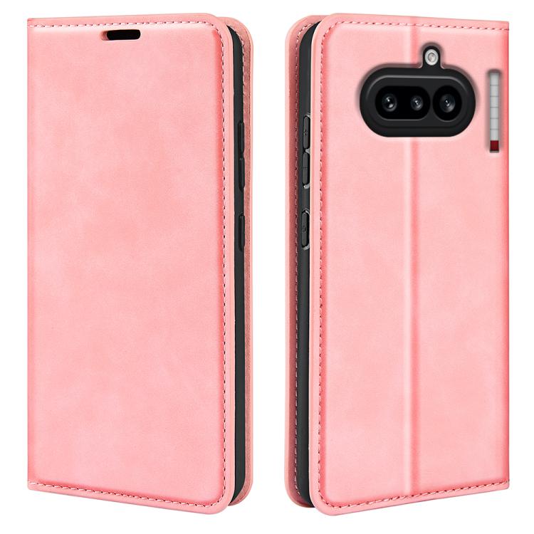 Pink leather flip phone case with stitched trim and rear camera cutouts