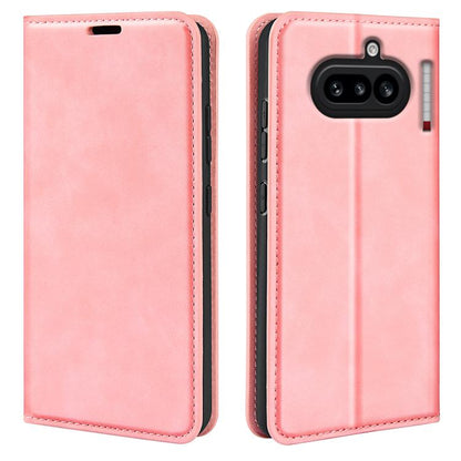 Pink leather flip phone case with stitched trim and rear camera cutouts