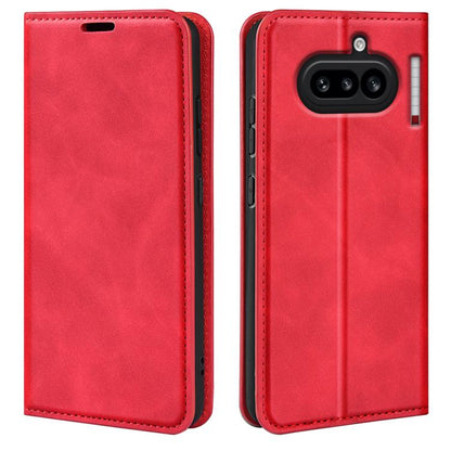 Red leather flip phone case with stitched trim and rear camera cutouts