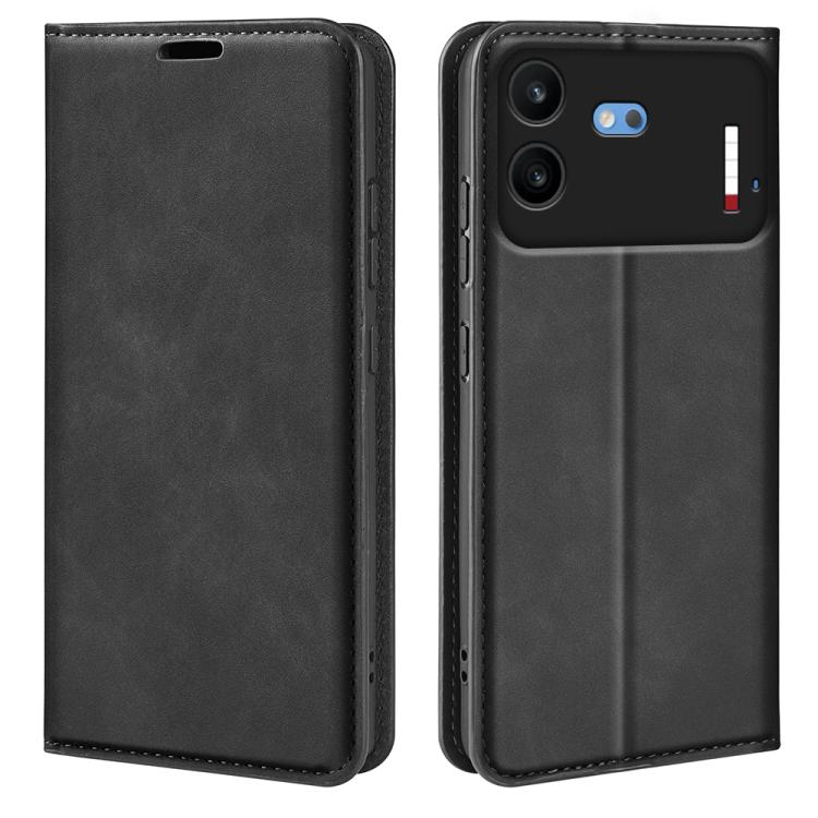 Black magnetic leather phone case with flip cover and rear camera cutouts