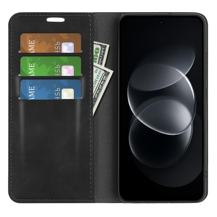 Black magnetic leather phone wallet case with card slots and open screen cover