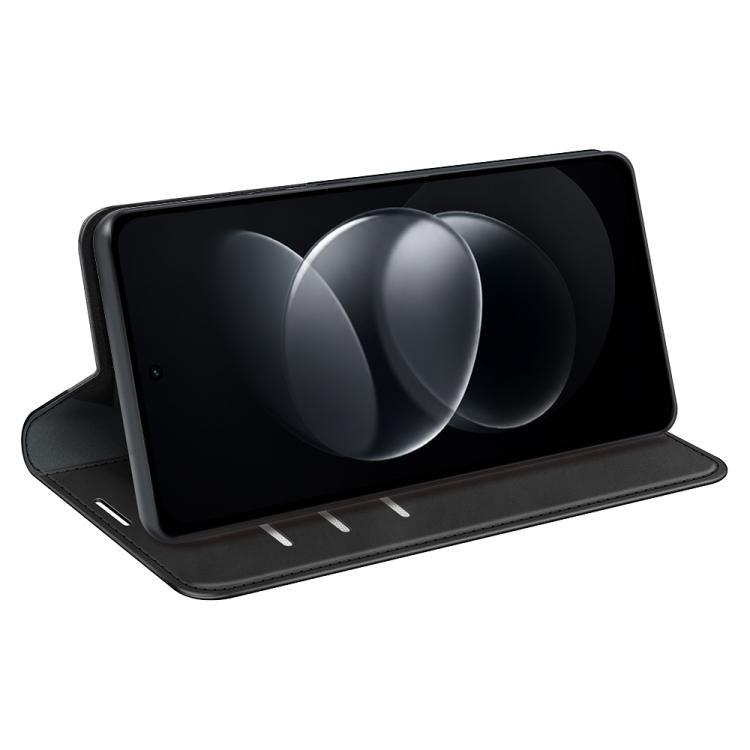 Black magnetic leather phone case acting as a stand with flip cover folded back