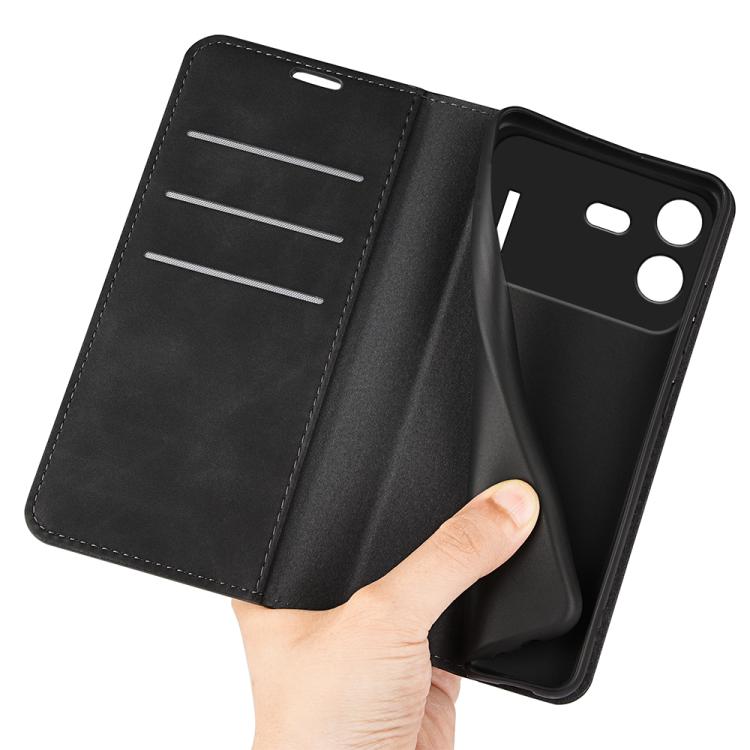 Black magnetic leather phone case open view with card slots and hand holding