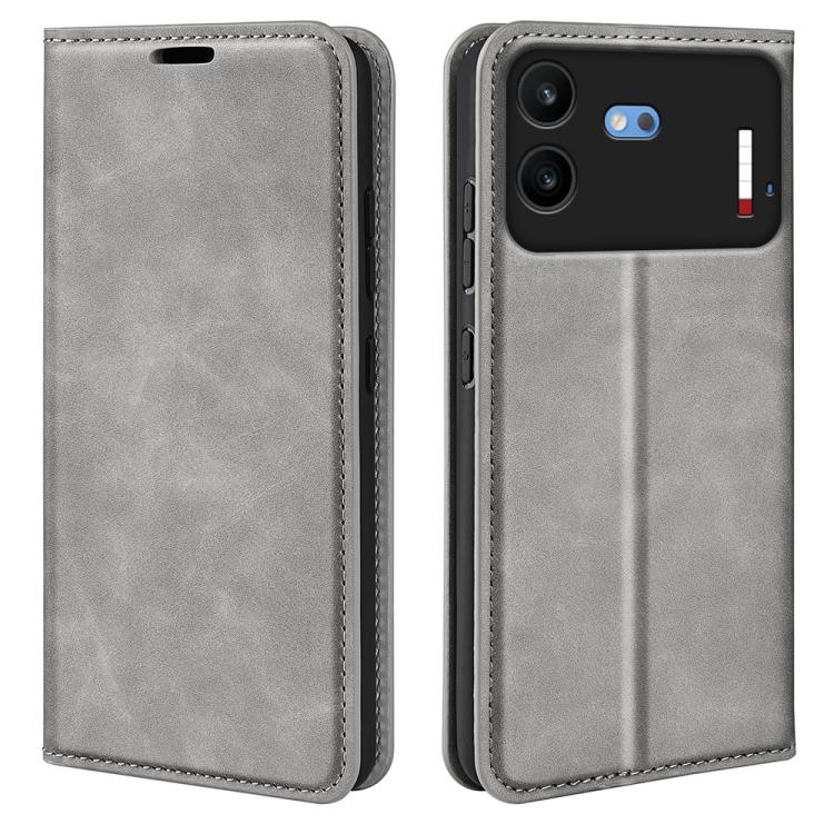 Grey magnetic leather phone case with flip cover and stitched edges