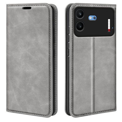 Grey magnetic leather phone case with flip cover and stitched edges