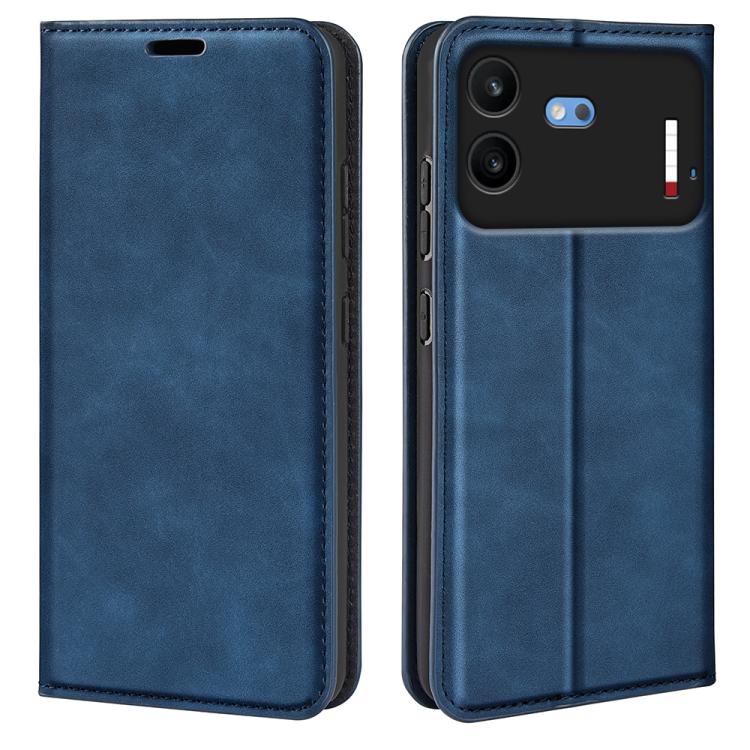 Dark blue magnetic leather phone case with flip cover and rear camera cutouts