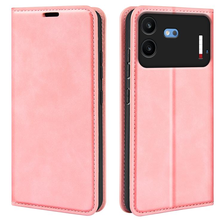 Pink magnetic leather phone case with flip cover and stitched border