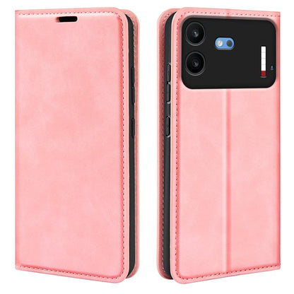 Pink magnetic leather phone case with flip cover and stitched border
