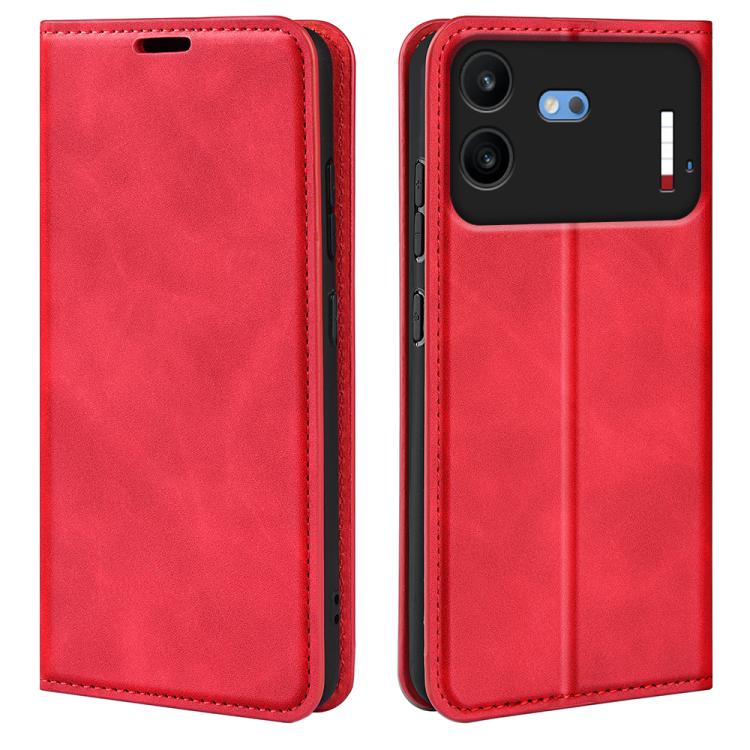 Red magnetic leather phone case with flip cover and rear camera cutouts