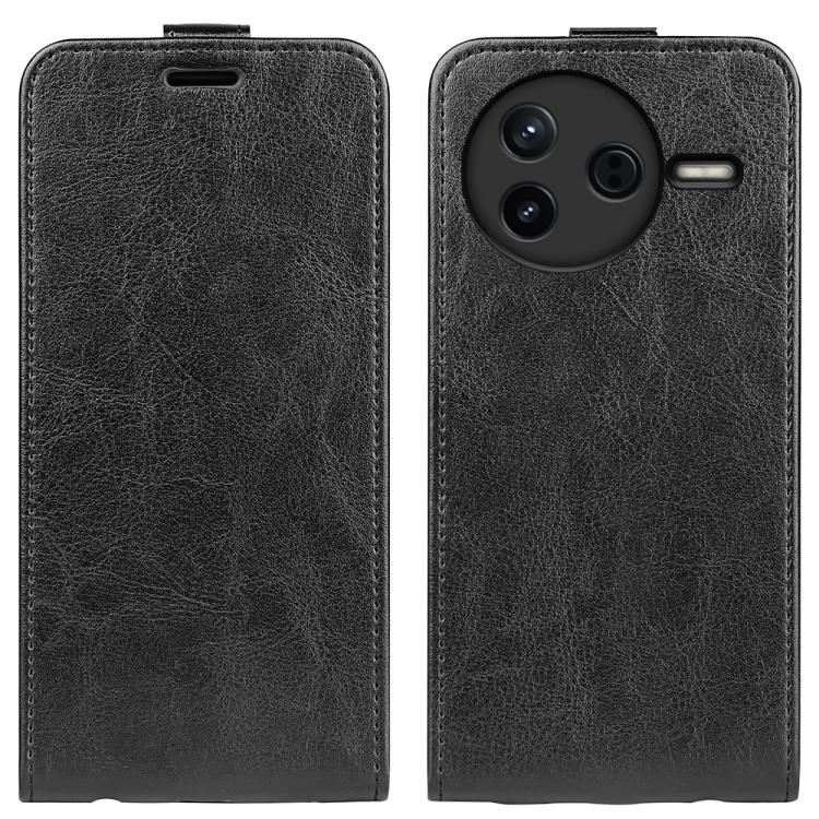 Black textured leather flip phone case with camera cutout and side card slot