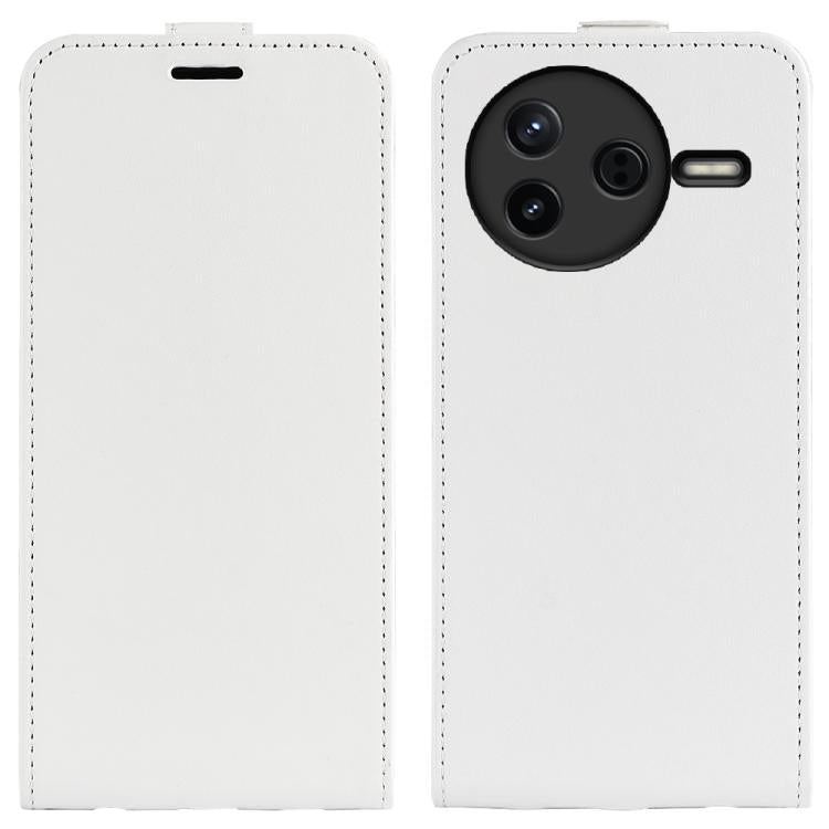 White textured leather flip phone case with camera cutout and side card slot