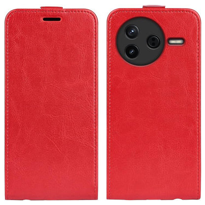 Red textured leather flip phone case with camera cutout and side card slot