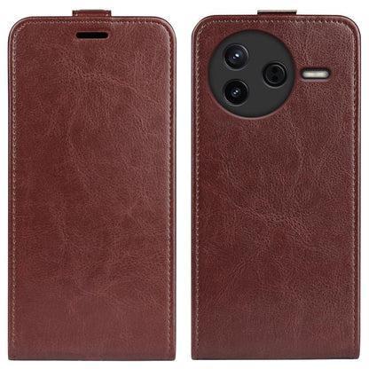 Brown textured leather flip phone case with camera cutout and side card slot