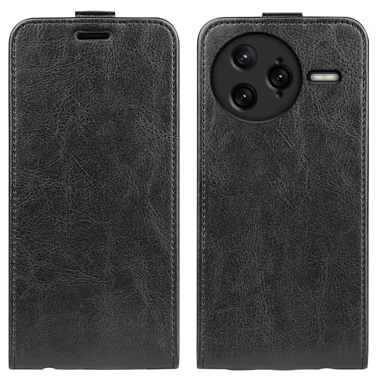 Black textured flip leather phone case with screen cover and camera cutout, stitched.