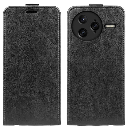 Black textured flip leather phone case with screen cover and camera cutout, stitched.