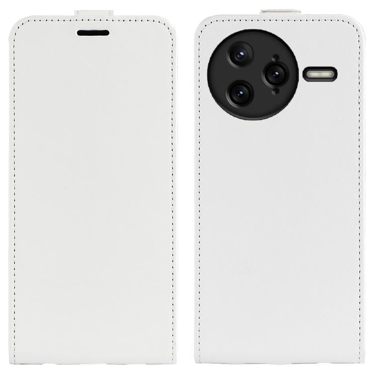 White flip leather phone case with screen cover and camera cutout, stitched edges.