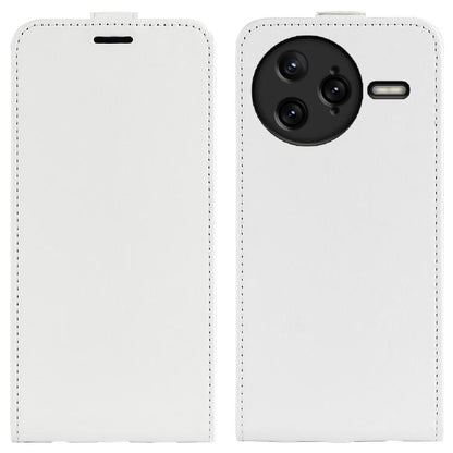 White flip leather phone case with screen cover and camera cutout, stitched edges.