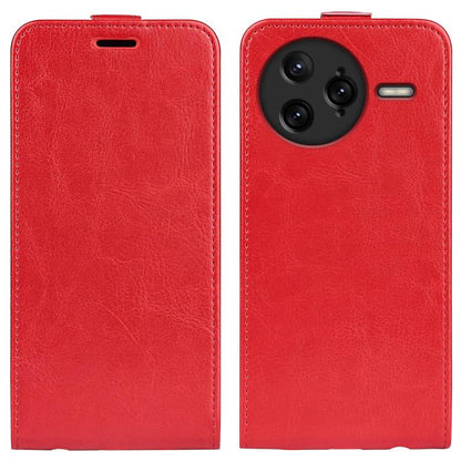Red flip leather phone case with screen cover and camera cutout, circular camera opening.