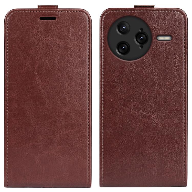Brown flip leather phone case with screen cover and camera cutout, circular camera opening.